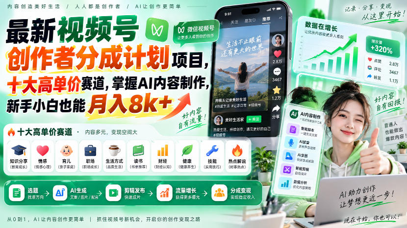 最新视频号创作者分成计划项目，十大高单价赛道，掌握AI内容制作，新手小白也能月入8k+-知创网