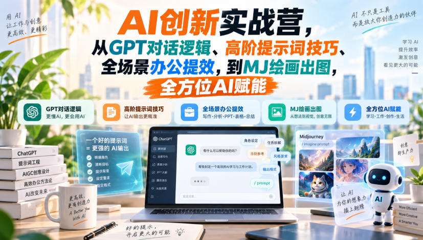 AI创新实战营,从GPT对话逻辑、高阶提示词技巧、全场景办公提效,到MJ绘画出图,全方位AI赋能-知创网