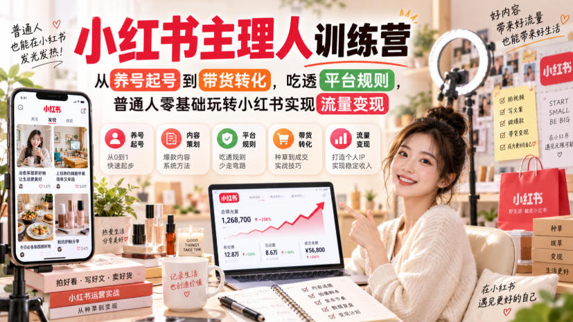 小红书主理人训练营，从养号起号到带货转化，吃透平台规则，普通人零基础玩转小红书实现流量变现-知创网
