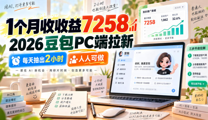 1个月收收益7258，2026豆包PC端拉新，每天抽出2小时，人人可做-知创网