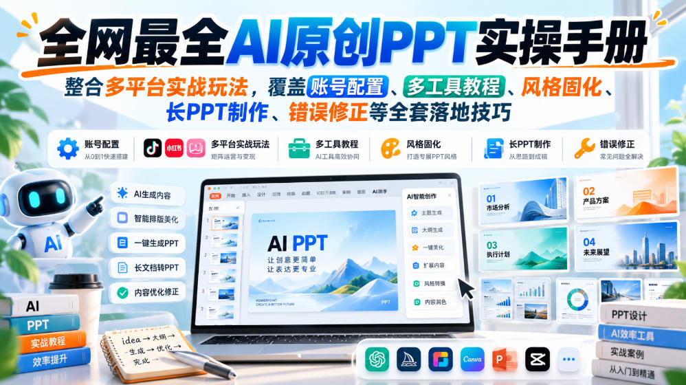 全网最全AI原创PPT实操手册,整合多平台实战玩法,覆盖账号配置、多工具教程、风格固化、长PPT制作、错误修正等全套落地技巧-知创网