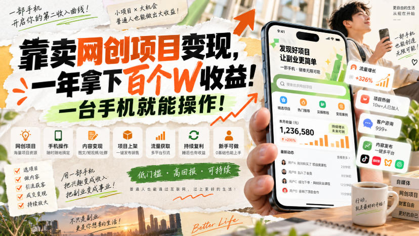 靠卖网创项目变现，一年拿下百个W收益！一台手机就能操作！【揭秘】-知创网