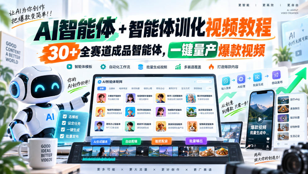 AI智能体+智能体训化视频教程，30+全赛道成品智能体，一键量产爆款视频-知创网