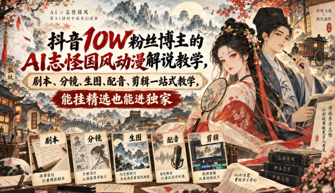 抖音10W粉丝博主的AI志怪国风动漫解说教学，剧本、分镜、生图、配音、剪辑一站式教学，能挂精选也能进独家​-知创网