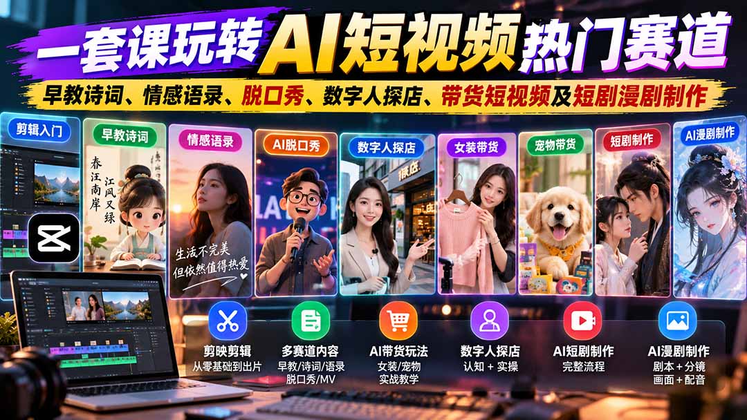 （20964期）一套课玩转AI短视频热门赛道：早教诗词、情感语录、脱口秀、数字人探店、带货短视频及短剧漫剧制作  复制标题-知创网