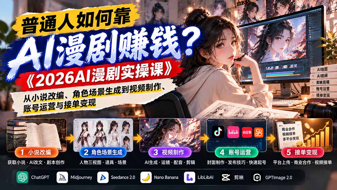 （21173期）普通人如何靠AI漫剧赚钱？《2026AI漫剧实操课》从小说改编、角色场景生成到视频制作、账号运营与接单变现-知创网