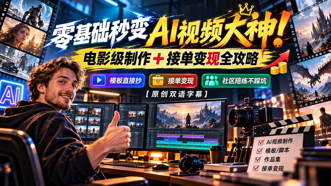 （20897期）零基础秒变AI视频大神！电影级制作 + 接单变现全攻略，模板直接抄，社区陪练不踩坑【原创双语字幕】-知创网