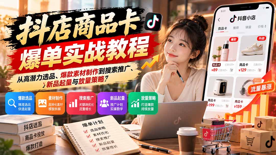 （21148期）抖店商品卡爆单实战教程：从高潜力选品、爆款素材制作到搜索推广、新品起量与放量策略-知创网