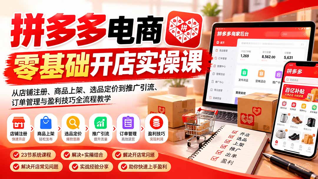 (21261期)拼多多电商零基础开店实操课:从店铺注册、商品上架、选品定价到推广引流、订单管理与盈利技巧全流程教学-知创网