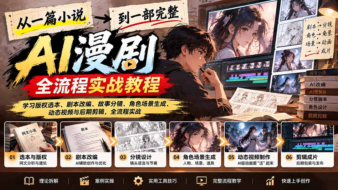 （21262期）从一篇小说到一部完整AI漫剧：学习版权选本、剧本改编、故事分镜、角色场景生成、动态视频与后期剪辑-知创网