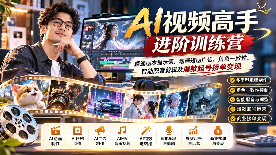 （21174期）AI视频高手进阶训练营：精通剧本提示词、动画短剧广告、角色一致性、智能配音剪辑及爆款起号接单变现-知创网