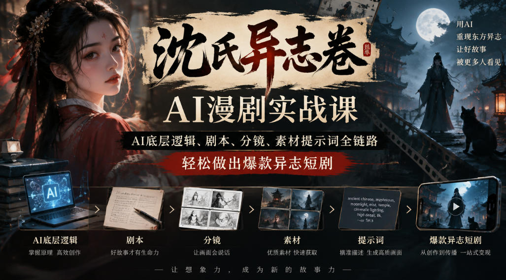 沈氏异志卷AI漫剧实战课｜AI底层逻辑、剧本、分镜、素材提示词全链路，轻松做出爆款异志短剧-知创网