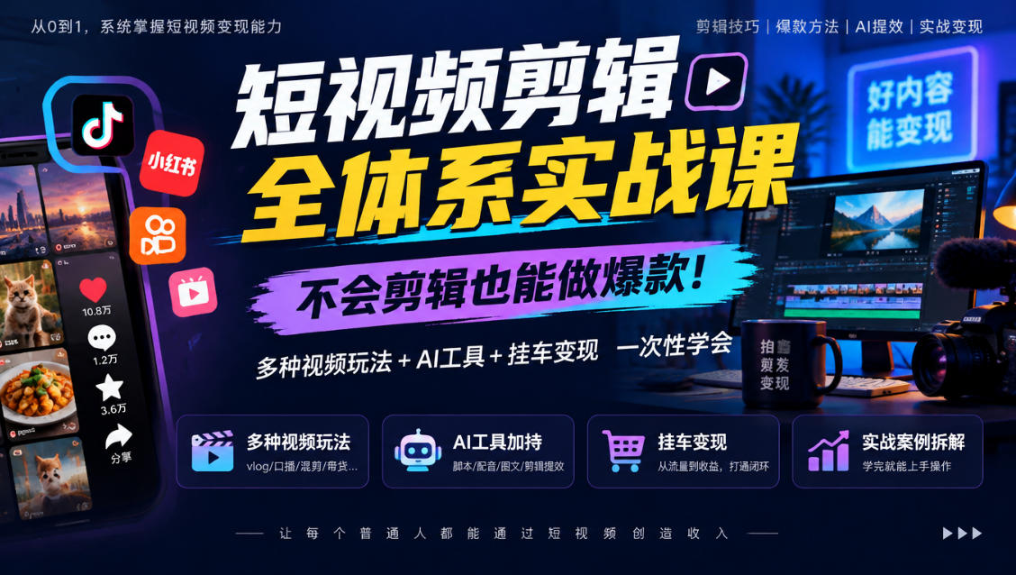 短视频剪辑全体系实战课，不会剪辑也能做爆款，多种视频玩法+AI工具+挂车变现一次性学-知创网