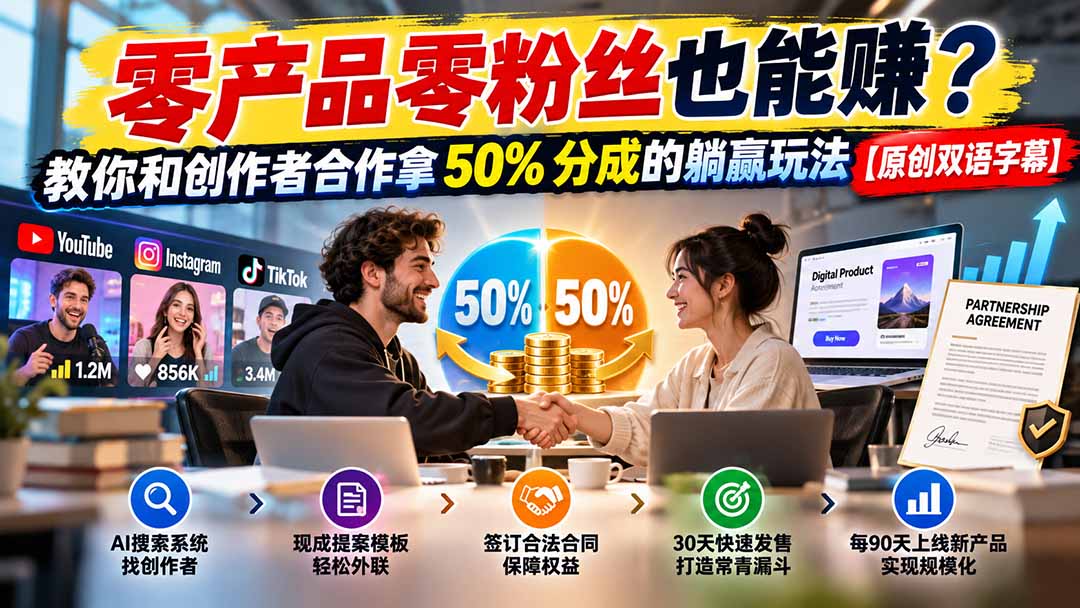 （20957期）零产品零粉丝也能赚？教你和创作者合作拿 50% 分成的躺赢玩法【原创双语字幕】-知创网