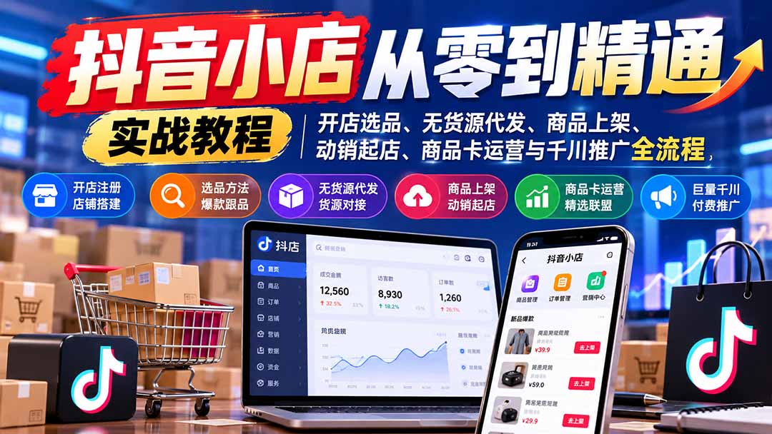 （21264期）抖音小店从零到精通实战教程：开店选品、无货源代发、商品上架、动销起店、商品卡运营与千川推广全流程-知创网