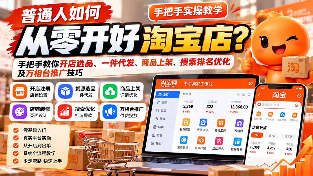 (21265期)普通人如何从零开好淘宝店?手把手教你开店选品、一件代发、商品上架、搜索排名优化及万相台推广技巧-知创网