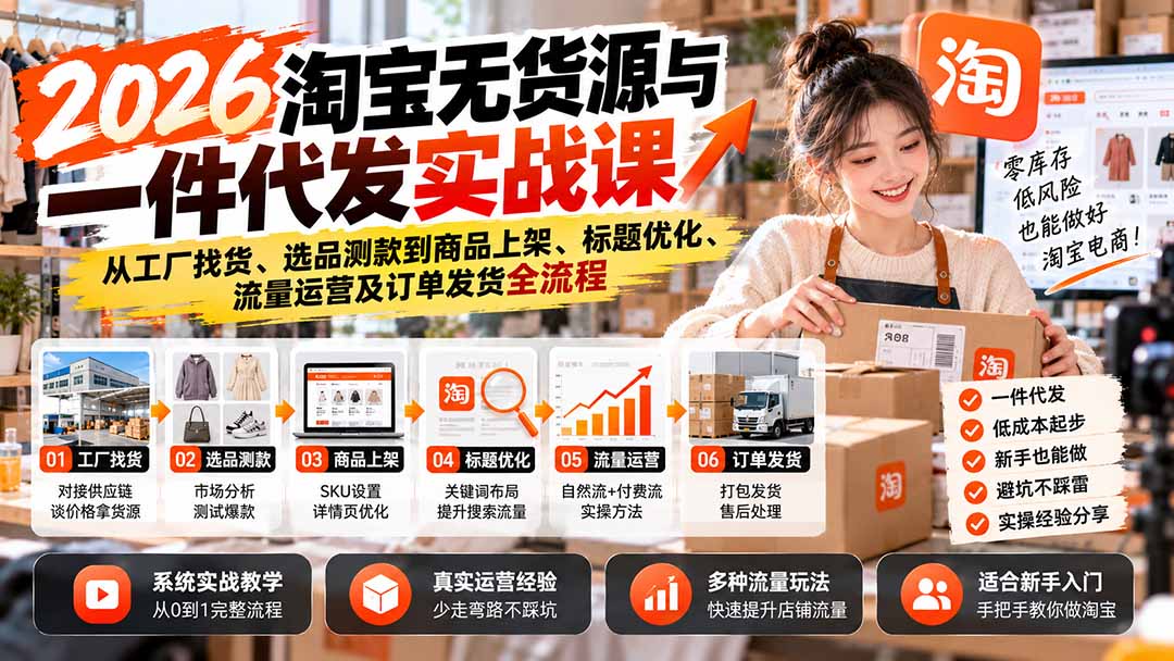 （20903期）2026淘宝无货源与一件代发实战课：从工厂找货、选品测款到商品上架、标题优化、流量运营及订单发货全流程-知创网