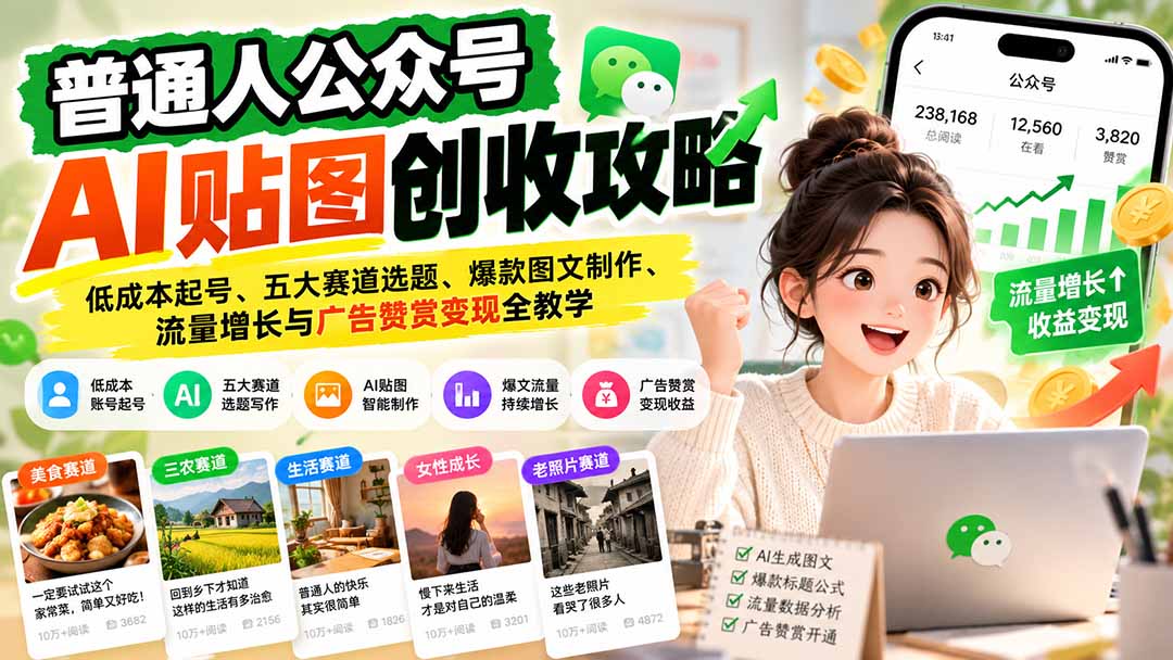 （20972期）普通人公众号AI贴图创收攻略：低成本起号、五大赛道选题、爆款图文制作、流量增长与广告赞赏变现全教学-知创网