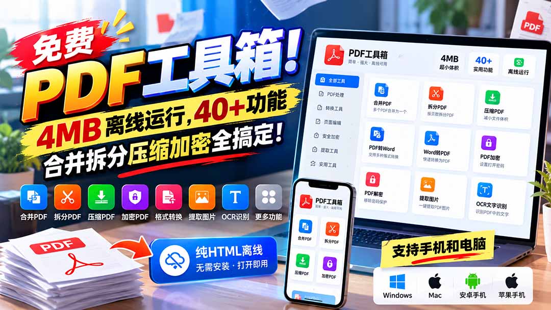 （21197期）免费PDF工具箱！4MB离线运行，40+功能，合并拆分压缩加密全搞定！-知创网