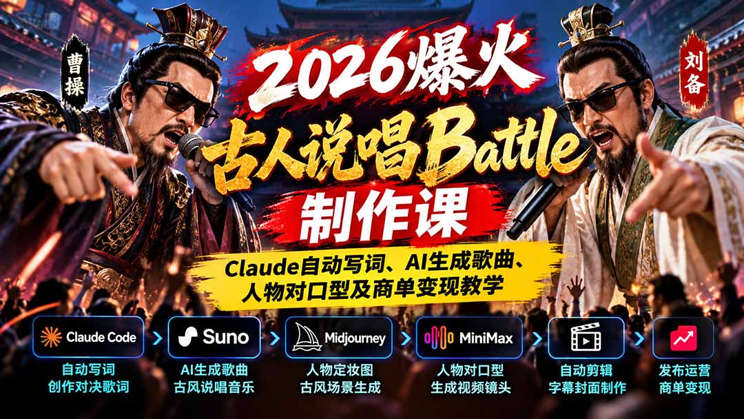 （21059期）2026爆火古人说唱Battle制作课：Claude自动写词、AI生成歌曲、人物对口型及商单变现教学-知创网