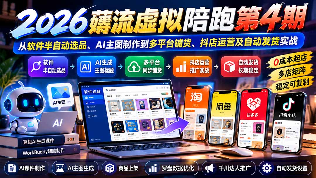 （20986期）2026薅流虚拟陪跑第4期：从软件半自动选品、AI主图制作到多平台铺货、抖店运营及自动发货实战-知创网