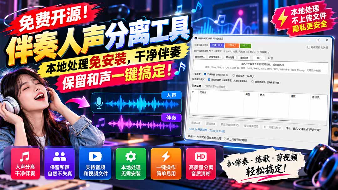 （21198期）免费开源！伴奏人声分离工具，本地处理免安装，干净伴奏，保留和声一键搞定！-知创网