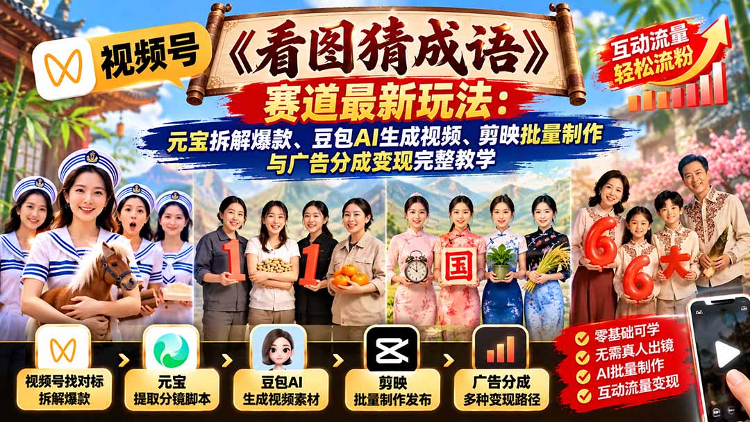 （21060期）视频号《看图猜成语》赛道最新玩法：元宝拆解爆款、豆包AI生成视频、剪映批量制作与广告分成变现完整教学-知创网