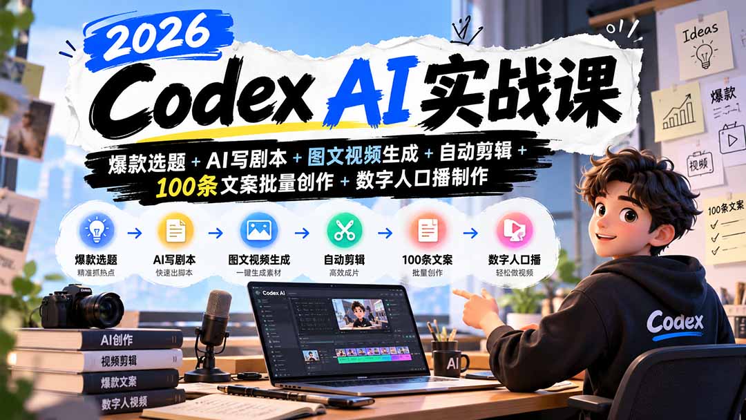 （20899期）2026Codex AI实战课：爆款选题+AI写剧本+图文视频生成+自动剪辑+100条文案批量创作+数字人口播制作-知创网