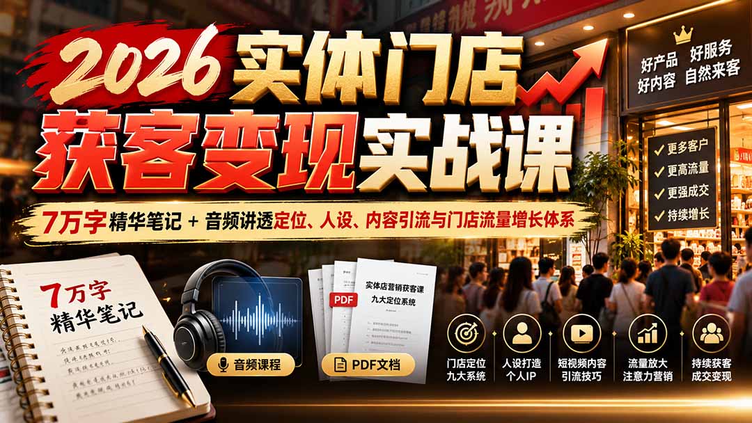（20832期）2026实体门店获客变现实战课：7万字精华笔记+音频讲透定位、人设、内容引流与门店流量增长体系-知创网