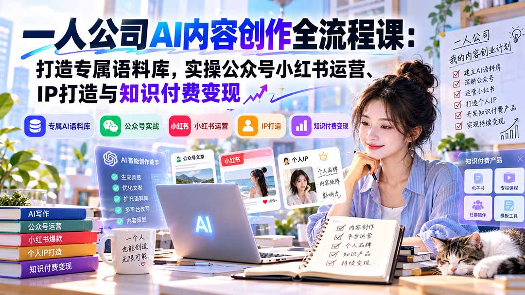 （20866期）一人公司AI内容创作全流程课：打造专属语料库，实操公众号小红书运营、IP打造与知识付费变现方法论-知创网