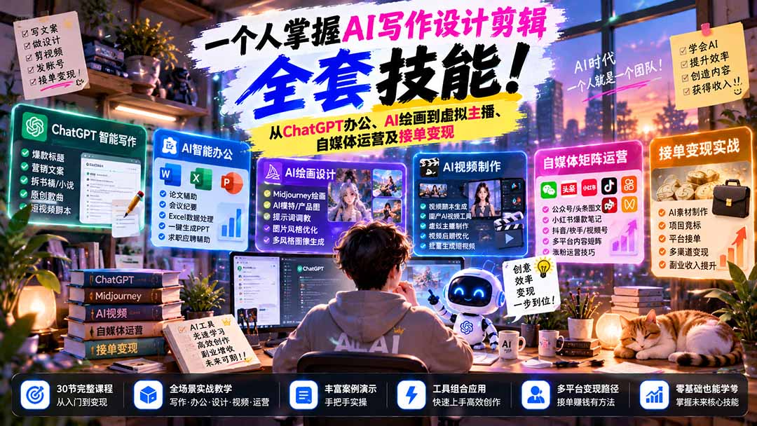 （21029期）一个人掌握AI写作设计剪辑全套技能：从ChatGPT办公、AI绘画到虚拟主播、自媒体运营及接单变现-知创网