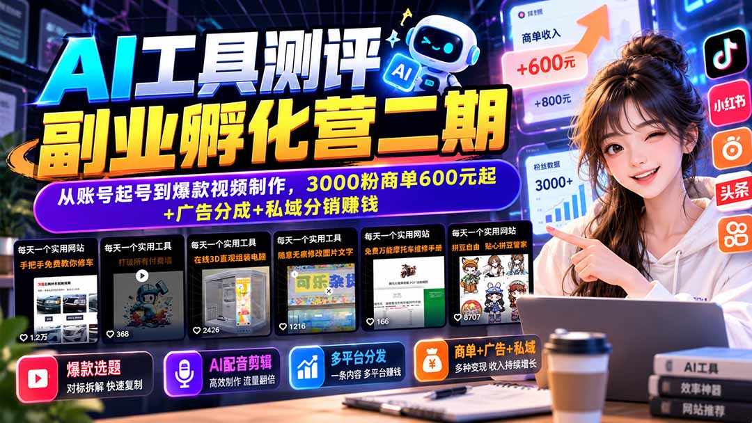 （20799期）AI工具测评副业孵化营二期：从账号起号到爆款视频制作，3000粉商单600元起+广告分成+私域分销赚钱-知创网