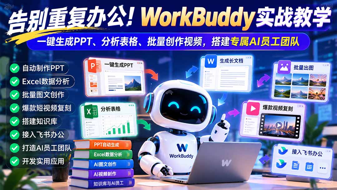（21152期）告别重复办公！WorkBuddy实战教学：一键生成PPT、分析表格、批量创作视频，搭建专属AI员工团队-知创网