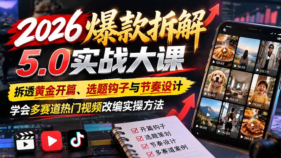 (21110期)2026爆款拆解5.0实战大课:拆透黄金开篇、选题钩子与节奏设计,学会多赛道热门视频改编实操方法-知创网