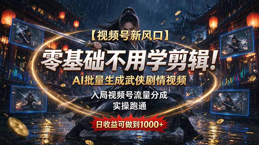 (20780期)【视频号新风口】零基础不用学剪辑!AI 批量生成武侠剧情视频,入局视频号流量分成,实操跑通,日收益可做到 1000+-知创网