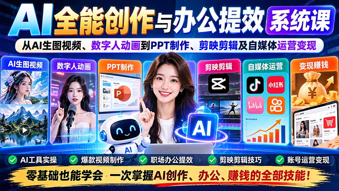 （20885期）AI全能创作与办公提效系统课：从AI生图视频、数字人动画到PPT制作、剪映剪辑及自媒体运营变现-知创网