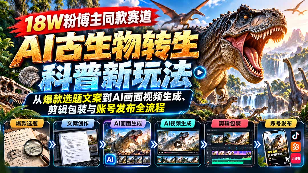 （20833期）18W粉博主同款赛道-AI古生物转生科普新玩法：从爆款选题文案到AI画面视频生成、剪辑包装与账号发布全流程-知创网
