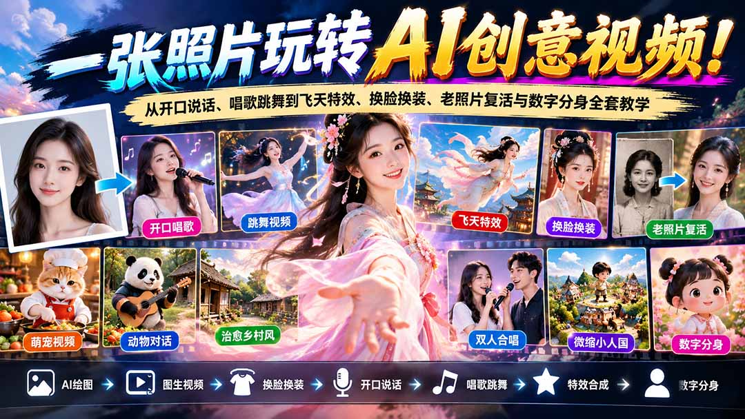 （21202期）一张照片玩转AI创意视频！从开口说话、唱歌跳舞到飞天特效、换脸换装、老照片复活与数字分身全套教学-知创网