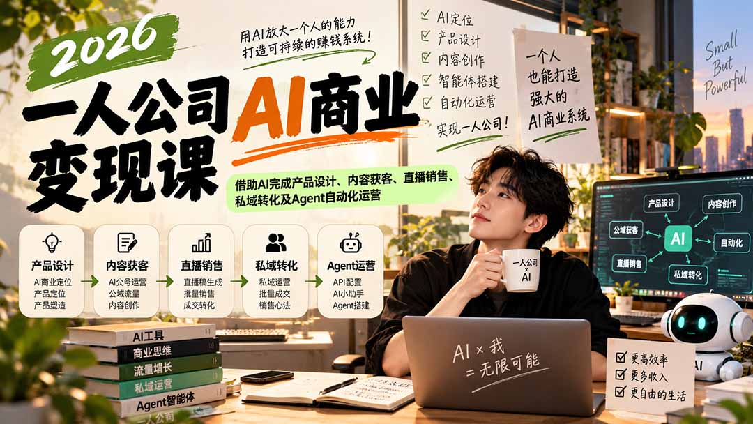 （20901期）2026一人公司AI商业变现课：借助AI完成产品设计、内容获客、直播销售、私域转化及Agent自动化运营-知创网