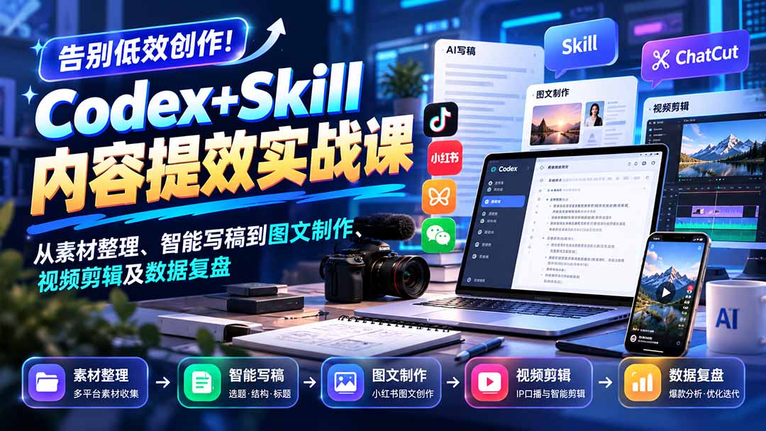 （20915期）【无水印】告别低效创作！Codex+Skill内容提效实战课：从素材整理、智能写稿到图文制作、视频剪辑及数据复盘-知创网