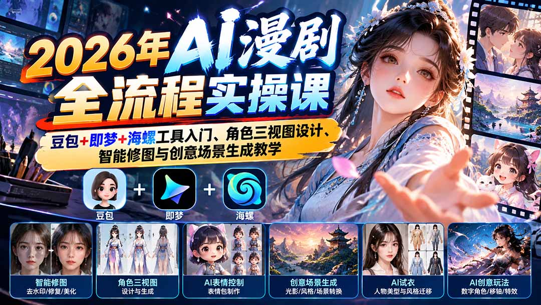 （21077期）2026年AI漫剧全流程实操课：豆包+即梦+海螺工具入门、角色三视图设计、智能修图与创意场景生成教学-知创网