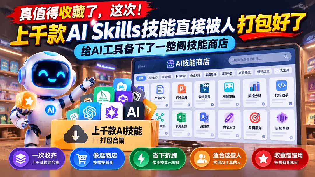 (21096期)真值得收藏了,这次!上千款AI Skills技能直接被人打包好了,给AI工具备下了一整间技能商店-知创网
