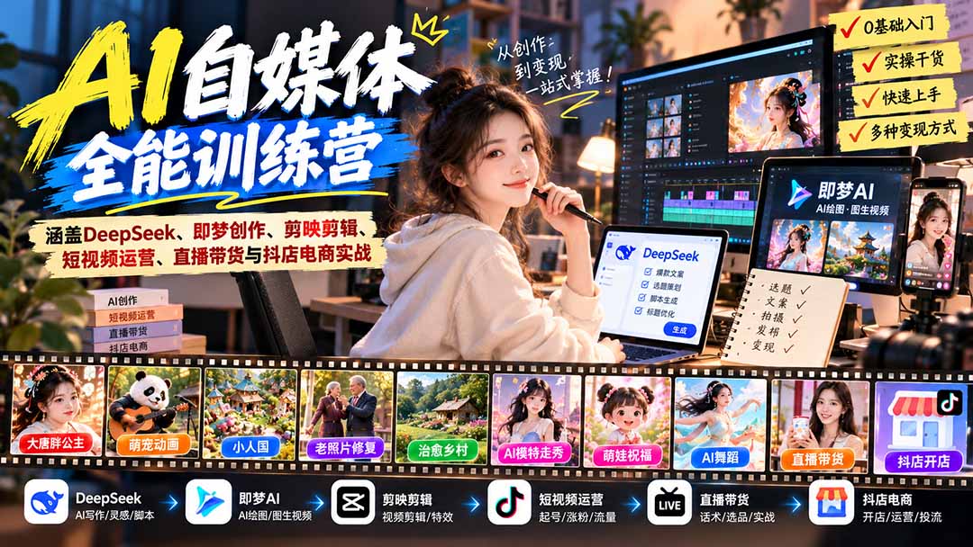 （21201期）【无水印】AI+自媒体全能训练营：涵盖DeepSeek、即梦创作、剪映剪辑、短视频运营、直播带货与抖店电商实战-知创网