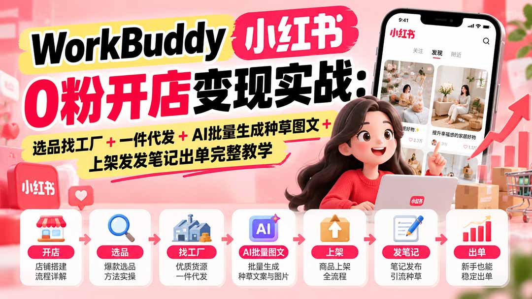 （20801期）WorkBuddy小红书0粉开店变现实战：选品找工厂+一件代发+AI批量生成种草图文+上架发发笔记出单完整教学-知创网