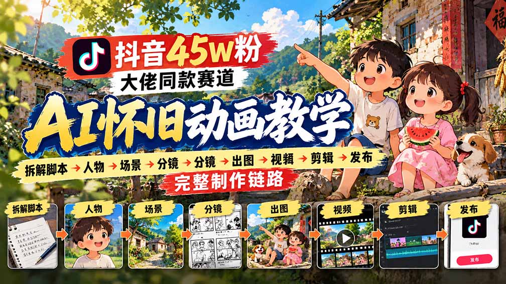 （20781期）抖音45W粉大佬同款赛道AI怀旧动画教学：拆解脚本→人物→场景→分镜→出图→视频→剪辑→发布完整制作链路-知创网