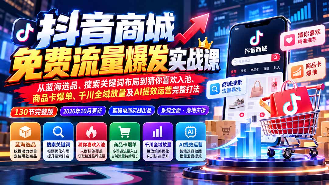 （20959期）抖音商城免费流量爆发实战：从蓝海选品、搜索关键词布局到猜你喜欢入池、商品卡爆单、千川全域放量及AI提效完整打法-知创网