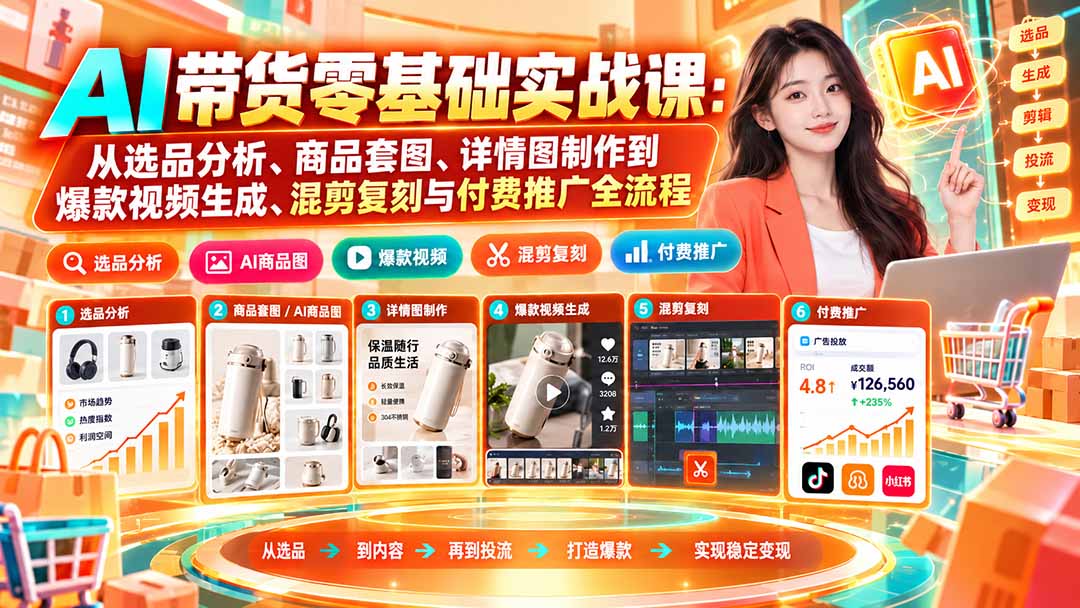（20856期）AI带货零基础实战课：从选品分析、商品套图、详情图制作到爆款视频生成、混剪复刻与付费推广全流程-知创网