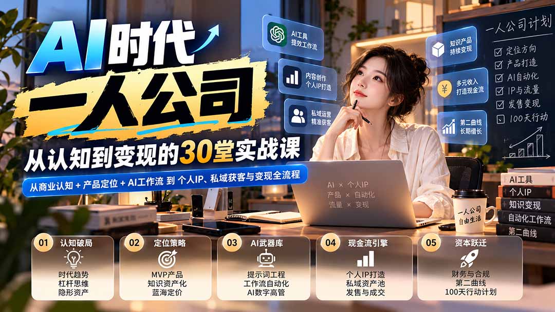 （20847期）【无水印】AI时代一人公司30堂实战课：从商业认知+产品定位+AI工作流到个人IP、私域获客与变现全流程-知创网