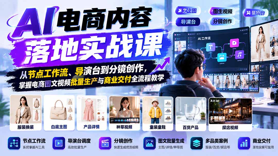 （21136期）AI电商内容落地实战课：从节点工作流、导演台到分镜创作，掌握电商图文视频批量生产与商业交付全流程教学-知创网