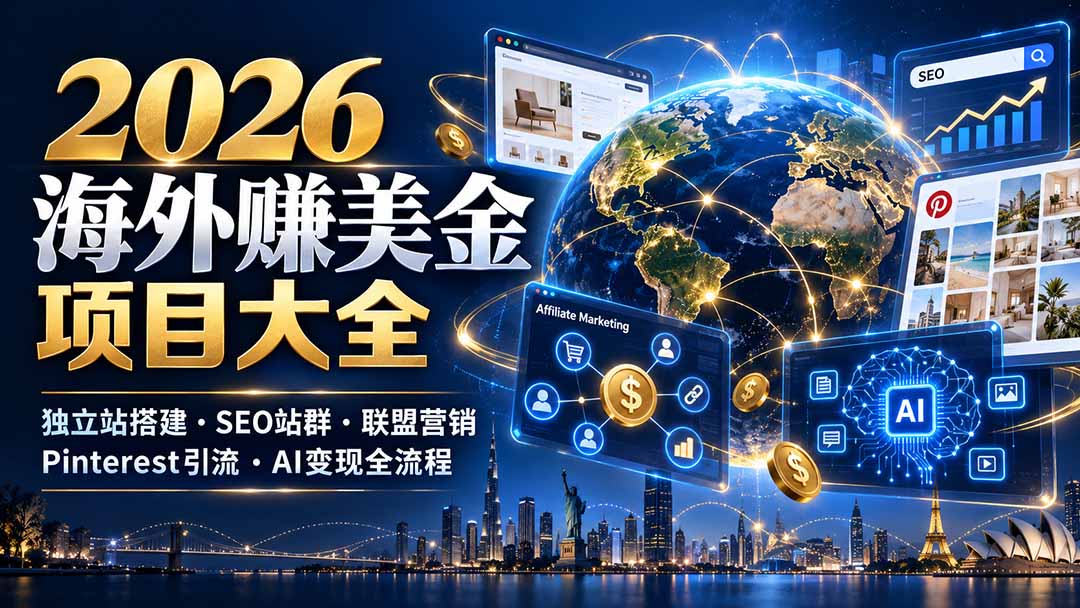 （21200期）2026海外赚美金项目大全：独立站搭建、SEO站群、联盟营销、Pinterest引流与AI变现全流程-知创网